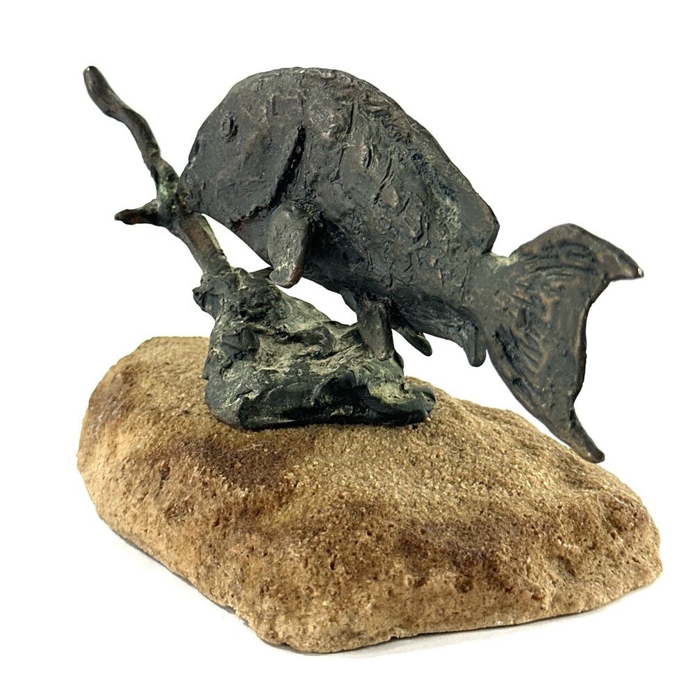 Vintage Bronze Fish Sculpture On Stone Base Attributed To Primo Conti Brutalist - Picture 7 of 9
